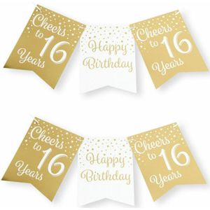 Verjaardag Vlaggenlijn 16 jaar - 2x - binnen - karton - wit/goud - 600 cm