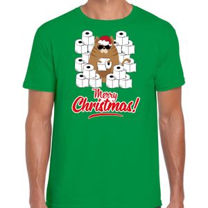 Fout Kerst t-shirt / outfit met hamsterende kat Merry Christmas groen voor heren