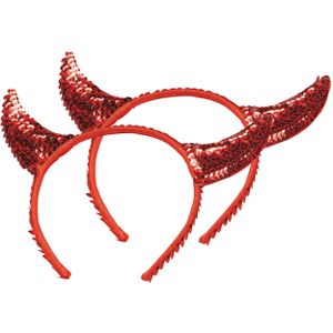 Halloween diadeem - 2x - duivel hoorntjes met pailletten - rood - kunststof