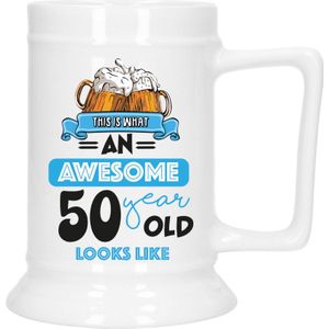 Cadeau Bierpul voor 50 jaar - blauw - grappige leeftijd bierpul - keramiek - 530 ml - Abraham