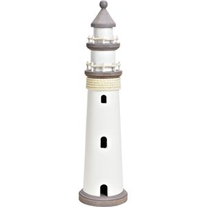 Vuurtoren beeldje - Hout - 12 x 48 cm - wit/grijs - Maritieme decoraties binnen