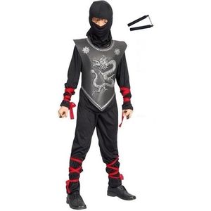Ninja kostuum maat M met vechtstokken voor kinderen