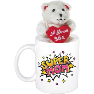 Moederdag cadeau Super mom pop art beker / mok 300 ml met beige knuffelbeertje met love hartje