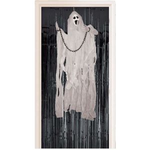 Horror decoratie pakket hangende geest/spook pop met zwart deurgordijn