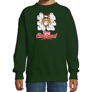 Foute Kerstsweater / outfit met hamsterende kat Merry Christmas groen voor kinderen