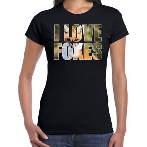 Tekst t-shirt I love foxes met dieren foto van een vos zwart voor dames