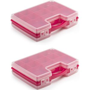 2x stuks opbergkoffertje/opbergdoos/sorteerboxen 22-vaks kunststof roze 28 x 21 x 6 cm