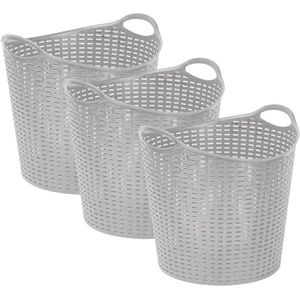 Plasticforte Gevlochten wasmand/opbergmand - 3x - flexibel - zilver - 27 liter - rond - kunststof - 40 x 37 cm