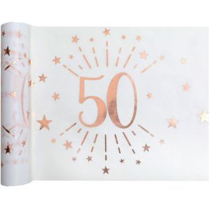 Tafelloper op rol - 2x - 50 jaar verjaardag - wit/rose goud - 30 x 500 cm - polyester