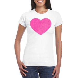Verkleed T-shirt voor dames - hartje - wit - roze glitter - carnaval/themafeest