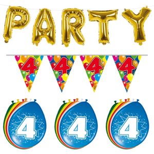 Verjaardag feestversiering 4 jaar PARTY letters en 16x ballonnen met 2x plastic vlaggetjes