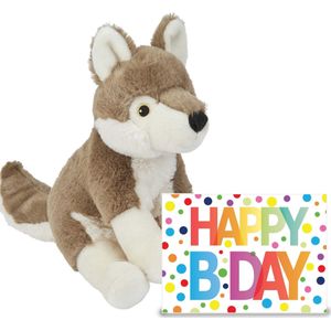 Ravensden - Verjaardag Cadeau Wolf 23 cm met Happy Birthday Wenskaart