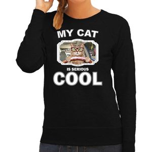 Rijdende kat katten sweater / trui my cat is serious cool zwart voor dames