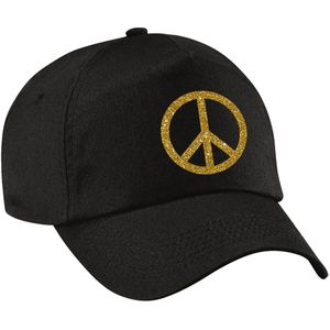 Goud glitter peace teken verkleed pet/cap zwart volwassenen