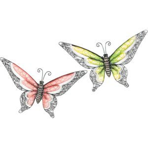 Wanddecoratie vlinders - 2x - groen/rood - 36 x 21 cm - metaal - muurdecoratie/schutting