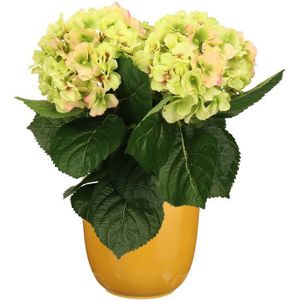 Hortensia kunstplant/kunstbloemen 36 cm - groen/roze - in pot okergeel glans