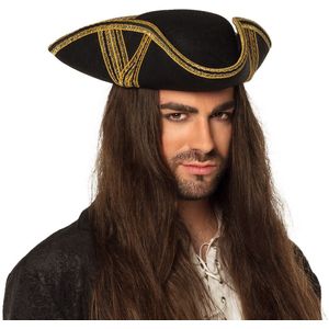 Carnaval verkleed hoed voor een Piraat - zwart/goud - polyester - heren/dames