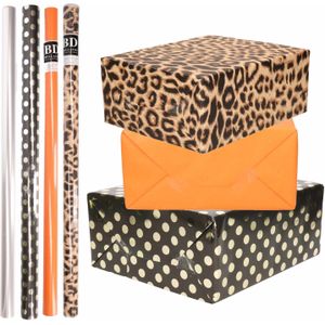8x Rollen transparante folie/inpakpapier pakket - panterprint/oranje/zwart met stippen 200 x 70 cm