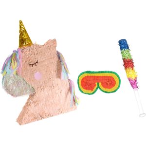 Verjaardag Pinata eenhoorn - roze - 45 x 50 cm - set met stok en masker