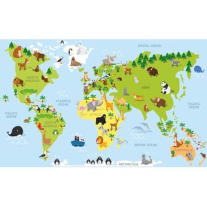 2x Posters wereldkaart met dieren / natuurlijke leefgebieden voor op kinderkamer / school 84 x 52 cm