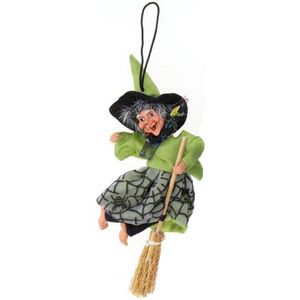 Halloween decoratie heksen pop - vliegend op bezem - 10 cm - zwart/groen