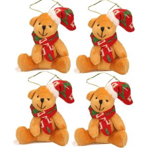 4x Kersthangers knuffelbeertjes beige met gekleurde sjaal en muts 7 cm