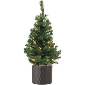 Volle mini kerstboom groen in jute zak met verlichting 60 cm en donkergrijze pot