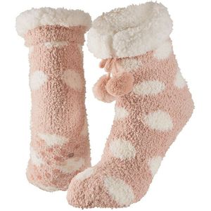 Dames anti-slip fleece huissokken/slofsokken one size roze met witte stippen
