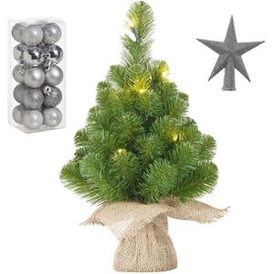 Kunst kerstboom met 10 LED lampjes 45 cm inclusief zilveren versiering 21-delig