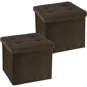 Poef/hocker/krukje - 2x - opbergbox - donkerbruin - fluweel polyester - 38 x 38 cm - opvouwbaar