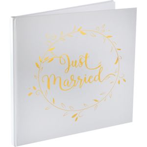 Gastenboek/receptieboek Just Married - goud/wit - Bruiloft - 24 x 24 cm