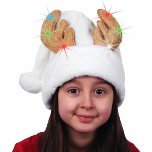 Kerstmutsen - 2x stuks - wit - rendier gewei - verlicht - voor kinderen