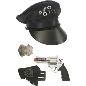 Zwarte politie verkleed pet met pistool/holster/badge voor kinderen