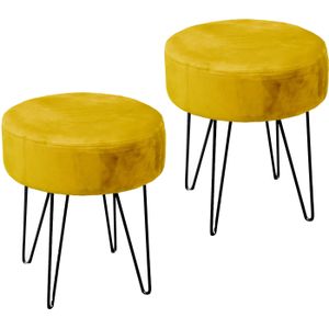 Velvet kruk Davy - 2x - oker geel - metaal/stof - D35 x H40 cm - bijzet stoeltjes