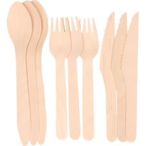 Houten wegwerp bestek pakket 300-delig messen/vorken/lepels 16 cm - BBQ/verjaardag/picknick bestek berkenhout