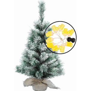 Kleine kunst kerstboom besneeuwd -incl. bier thema lichtsnoer - H60 cm