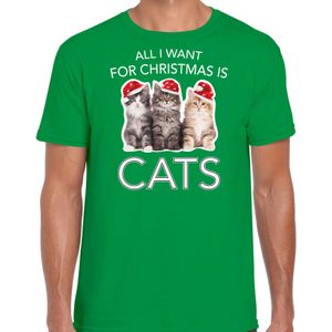 Kitten Kerst t-shirt / outfit All i want for Christmas is cats groen voor heren