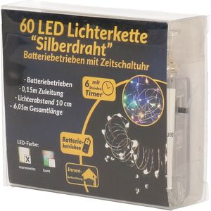Draadverlichting zilver met warm witte LED lampjes 6 meter op batterijen met timer