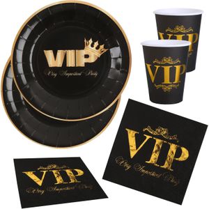 VIP thema feest wegwerp servies set - 20x bordjes / 20x bekers / 20x servetten - zwart/goud