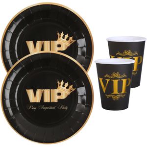VIP thema feest wegwerp servies set - 10x bordjes / 10x bekers - zwart/goud