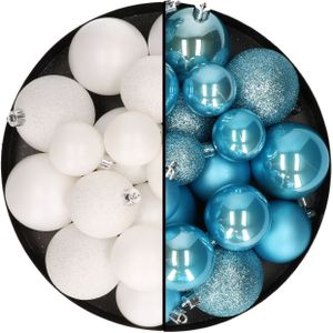 Kerstballen 60x stuks - mix wit/ijsblauw - 4-5-6 cm - kunststof