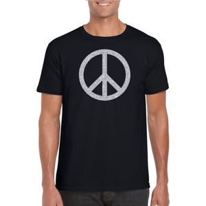 Zwart Flower Power t-shirt zilveren glitter peace teken heren - Sixties jaren 60 kleding