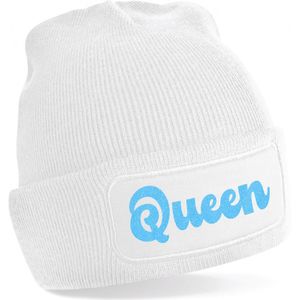 Wintersport muts voor volwassenen - Queen - wit - blauwe glitters - one size - Apres ski beanie