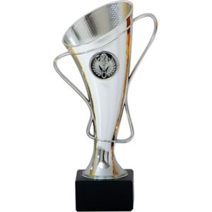 Luxe trofee/prijs beker met oren in sierlijke vorm - zilver - kunststof - 20 x 10 cm