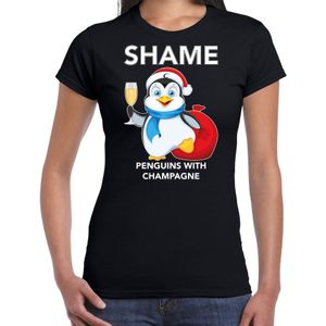 Pinguin Kerst t-shirt / outfit Shame penguins with champagne zwart voor dames