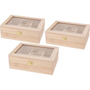 3x stuks houten theedoos 6-vaks 21 x 16 x 8 cm