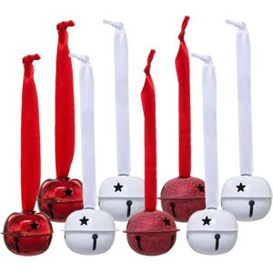 Kerstbelletjes hangers - 8x stuks- metaal - wit/rood - D4 cm