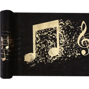 Muziek thema tafelloper op rol - 5 m x 30 cm - zwart/goud - non woven polyester