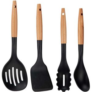 Kook/keuken gerei - set van 4x stuks - zwart/bruin - kunststof/hout - kook accessoires