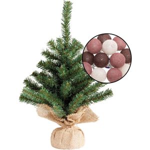 Mini kerstboom groen - met verlichting bollen mix rood - H45 cm
